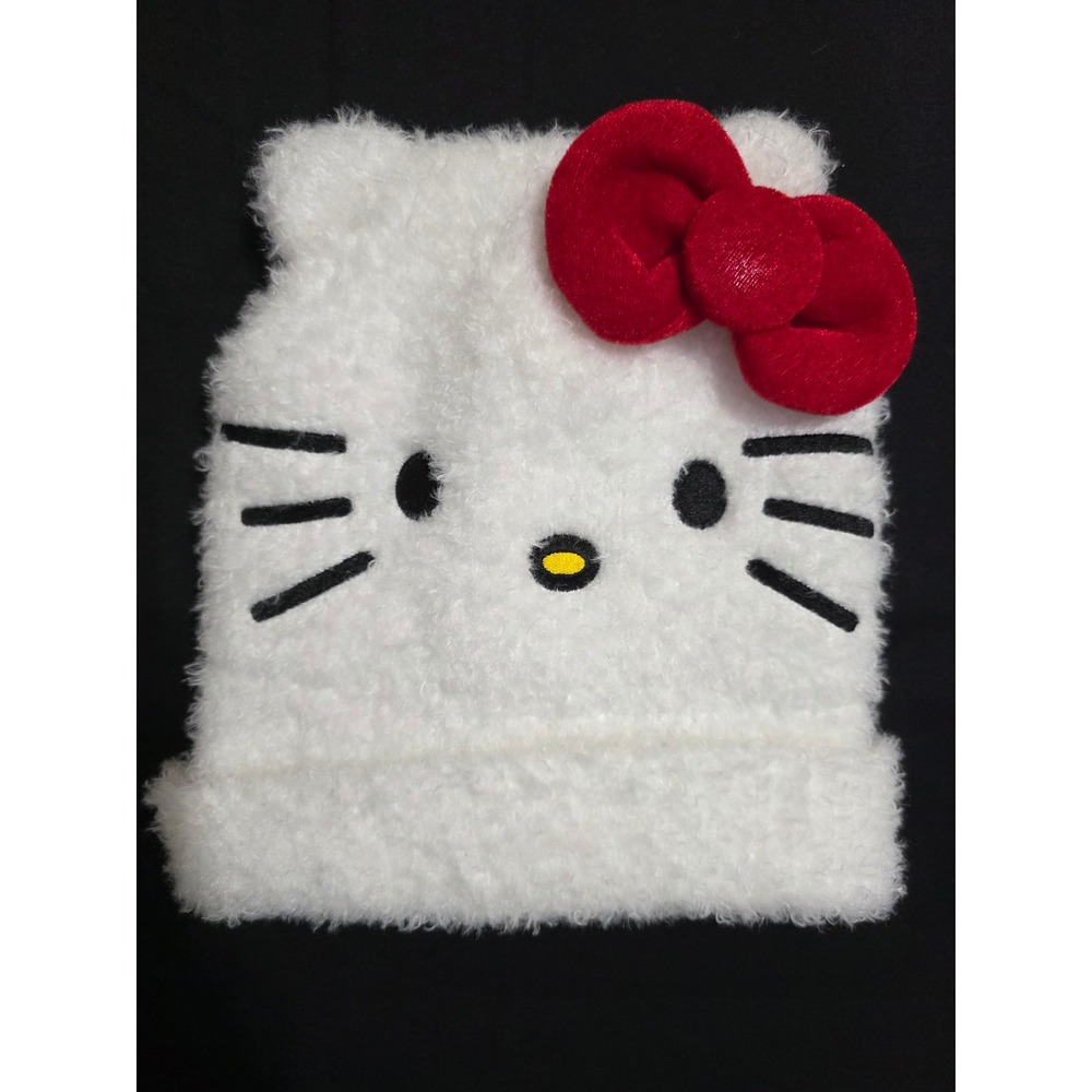 Hello Kitty Women White Faux Fur Beanie Embroidered Face Red Bow OS NEW!